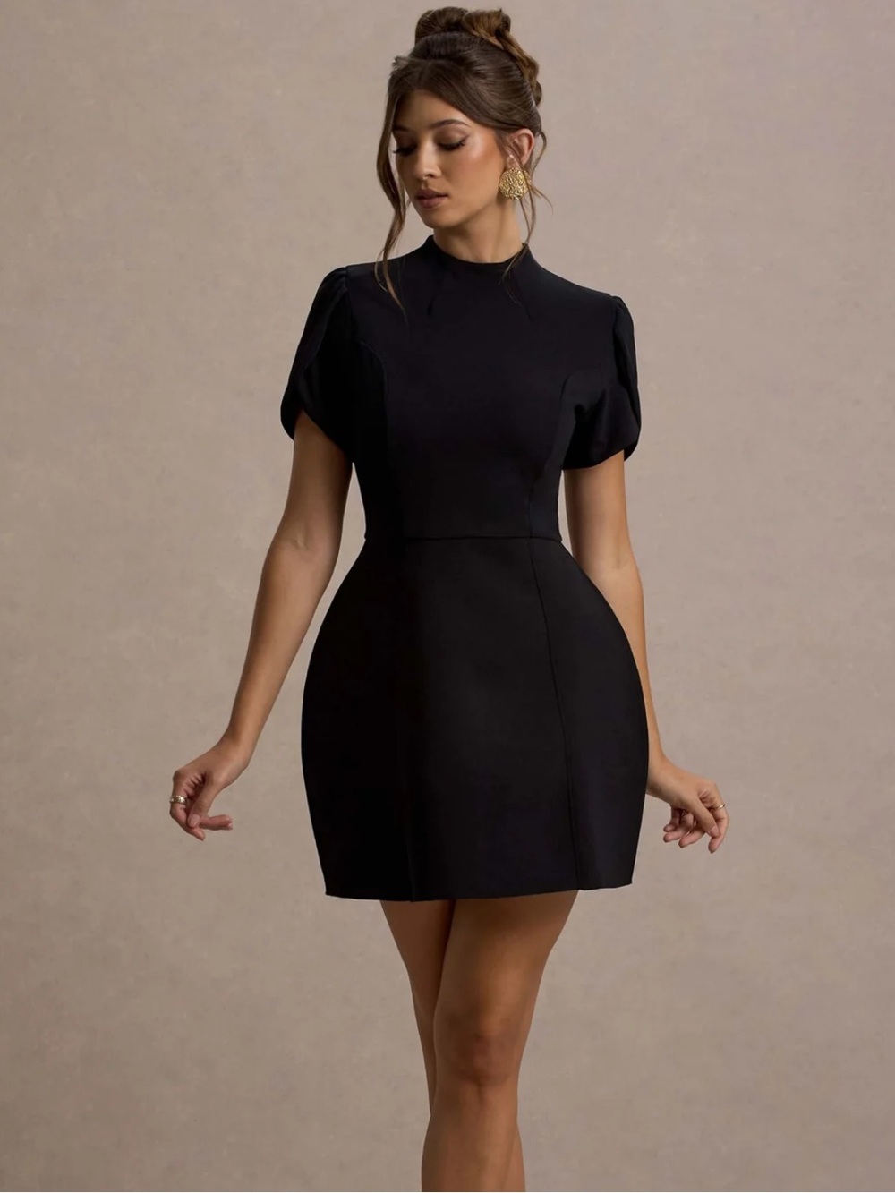 Club L London Carabella Black High-Neck Short-Sleeve Mini Dress